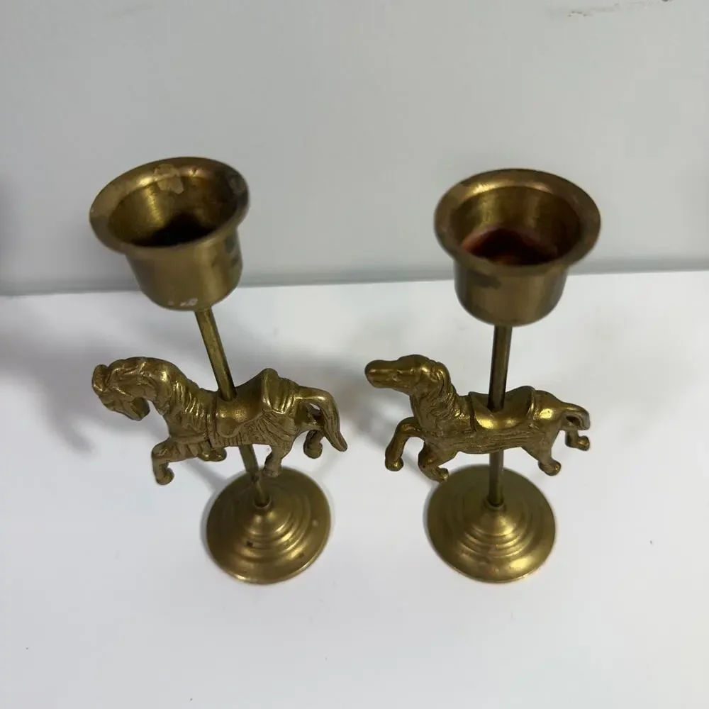 Vintage Brass Carousel Horse Ornate Candlesticks Taiwan 5 inch Candle Holders
